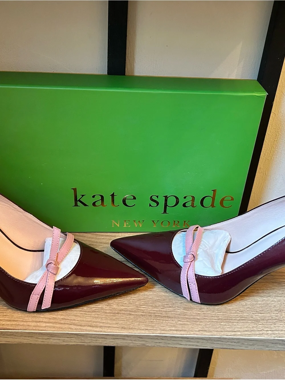 Kate Spade Viola Deep Cherry Patent Pointed-Toe Pumps with Pink Bow Strap - 8B/M - Picture 3 of 6
